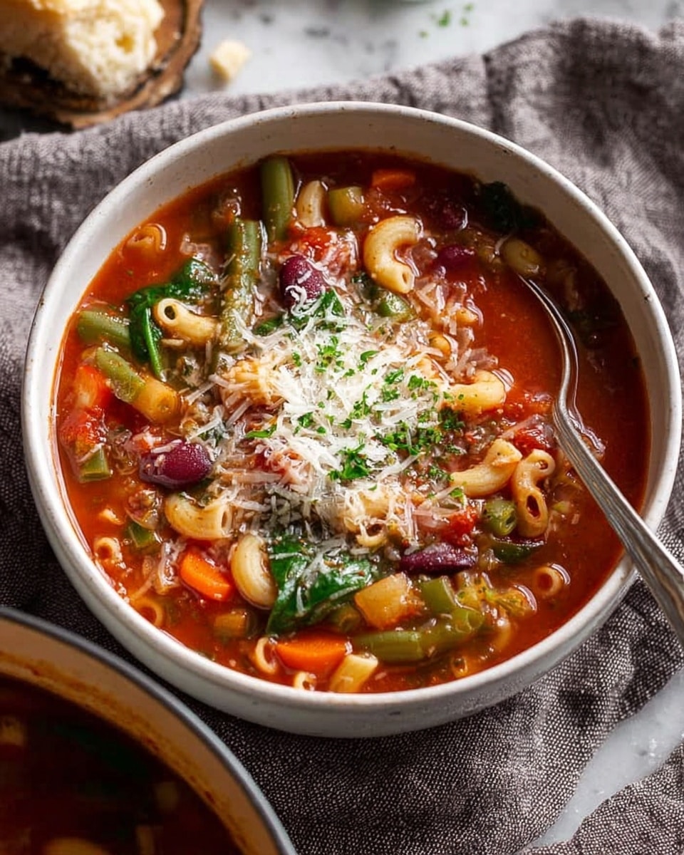 A white bowl filled with thick vegetable soup is shown. The base is red tomato broth with visible pieces of elbow pasta, kidney beans, and chopped vegetables like orange carrots, green celery, and dark green spinach. On top, there is a small pile of finely grated white cheese and bits of chopped green herbs. A silver spoon rests on the bowl's edge, and the bowl is placed on a textured gray cloth with a white marbled texture surface underneath. photo taken with an iphone --ar 4:5 --v 7