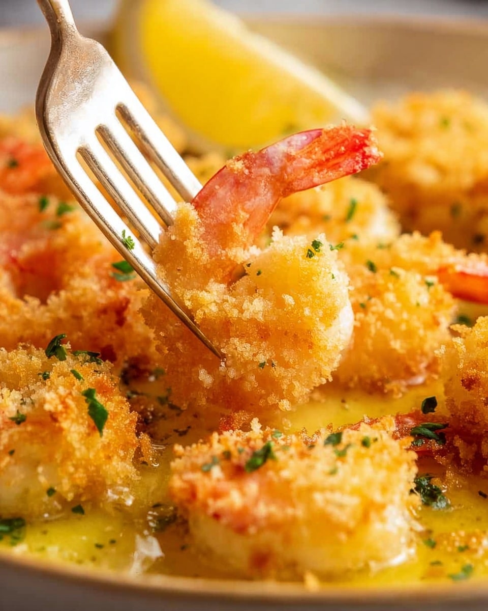 A close-up of crispy, golden-brown breaded shrimp layered on a white plate with a glossy orange sauce underneath, garnished with small green herb pieces scattered on top. The shrimp have a crunchy texture with the tails bright pink and orange. A silver fork is pressing down on one shrimp in the center, and part of a yellow lemon slice is visible in the background. The surface beneath the plate has a white marbled texture. photo taken with an iphone --ar 4:5 --v 7