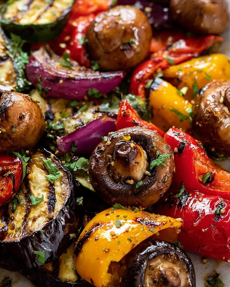A close-up view of a dish full of grilled vegetables on a white marbled surface, showing at least five types of vegetables layered together: bright red bell pepper pieces with slight char marks and shiny skin, yellow pepper cut in uneven chunks with black grill marks, whole brown mushrooms with a glossy coating, thick slices of purple eggplant with seared edges and a soft texture, and purple onion slices with a slightly translucent look and grill lines. The vegetables are sprinkled with bits of green herbs and some seasoning, giving a fresh and flavorful look. Photo taken with an iphone --ar 4:5 --v 7