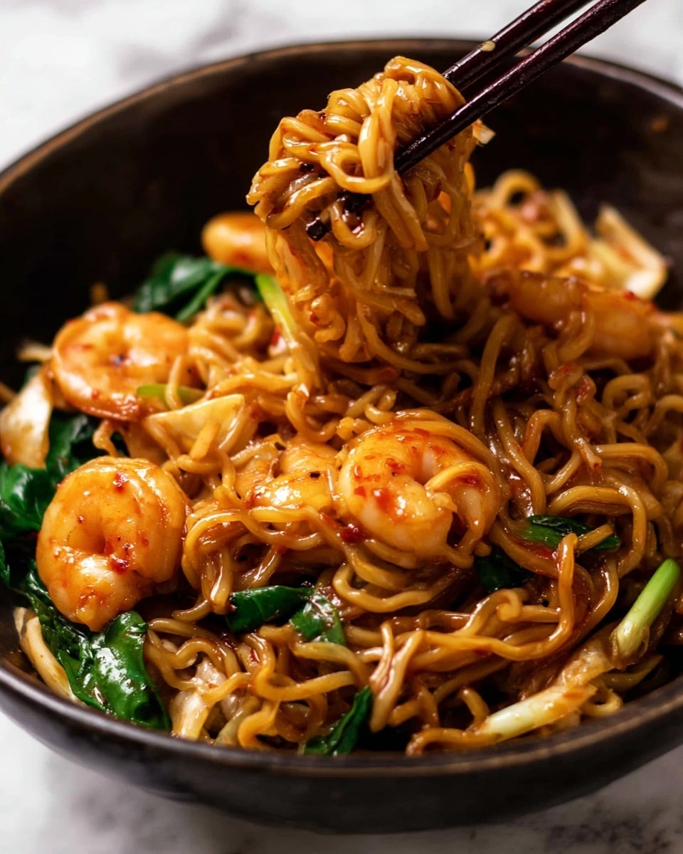The image shows a close-up of a bowl filled with cooked curly noodles that are light brown from sauce, mixed with pieces of shrimp and slices of chicken, both glazed with a shiny reddish-brown sauce that has small red chili flakes. There are also some green leafy vegetables and white onion slices scattered among the noodles. A pair of dark wood chopsticks holds some noodles lifted above the bowl, emphasizing the curly texture. The bowl itself is white and sits on a white marbled surface. The scene is lit warmly to highlight the textures and color contrasts between the noodles, shrimp, chicken, and greens. photo taken with an iphone --ar 4:5 --v 7