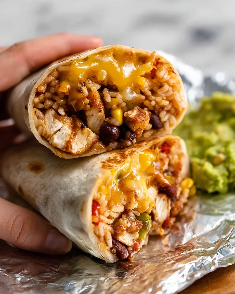 The image shows two halves of a burrito wrapped in a soft, lightly toasted flour tortilla with brown spots. The upper half is being held by a woman's hand, revealing the inside layers: tender cooked chicken pieces, orange-tinted seasoned rice, melted yellow and orange cheese blending over the chicken, and some bits of red peppers and beans. The burrito halves rest on crumpled silver foil placed on a wooden surface, next to a small scoop of bright green guacamole. The background has a white marbled texture. photo taken with an iphone --ar 4:5 --v 7