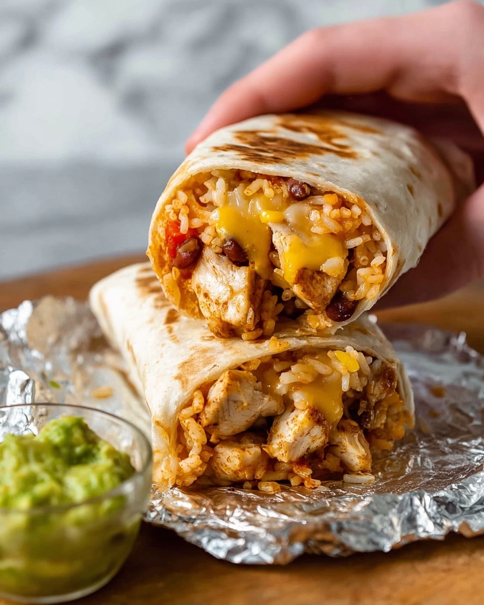 A close-up of a burrito cut in half, wrapped in a soft white flour tortilla, showing three layers inside: a top layer of melted golden cheese with a slightly glossy texture, a middle layer of cooked rice with reddish-orange tint mixed with small pieces of light brown grilled chicken, and a bottom layer of dark brown beans and small bits of red bell pepper, all wrapped tightly and held by a woman's hand over a white marbled surface. The burrito rests on crinkled silver foil, with a side serving of smooth, bright green guacamole placed to the right. photo taken with an iphone --ar 4:5 --v 7
