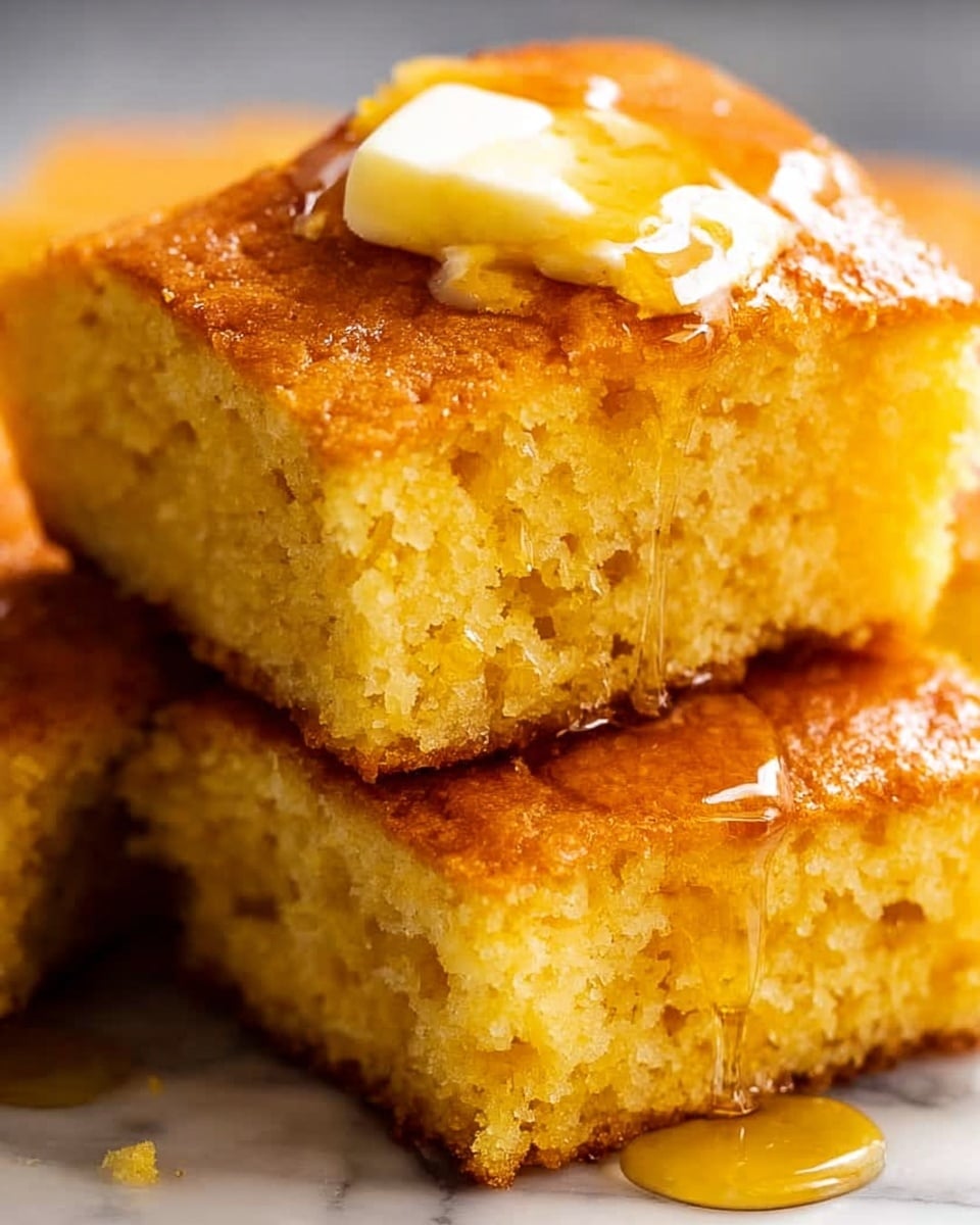A close-up view of three square pieces of golden yellow cornbread stacked together, with the top piece showing a soft crumb texture and a light brown crust. On top of the top piece, there is a small dollop of melting butter covered with a drizzle of shiny golden syrup that is softly pooling and running down the sides. The background surface shows a white marbled texture. Photo taken with an iphone --ar 4:5 --v 7