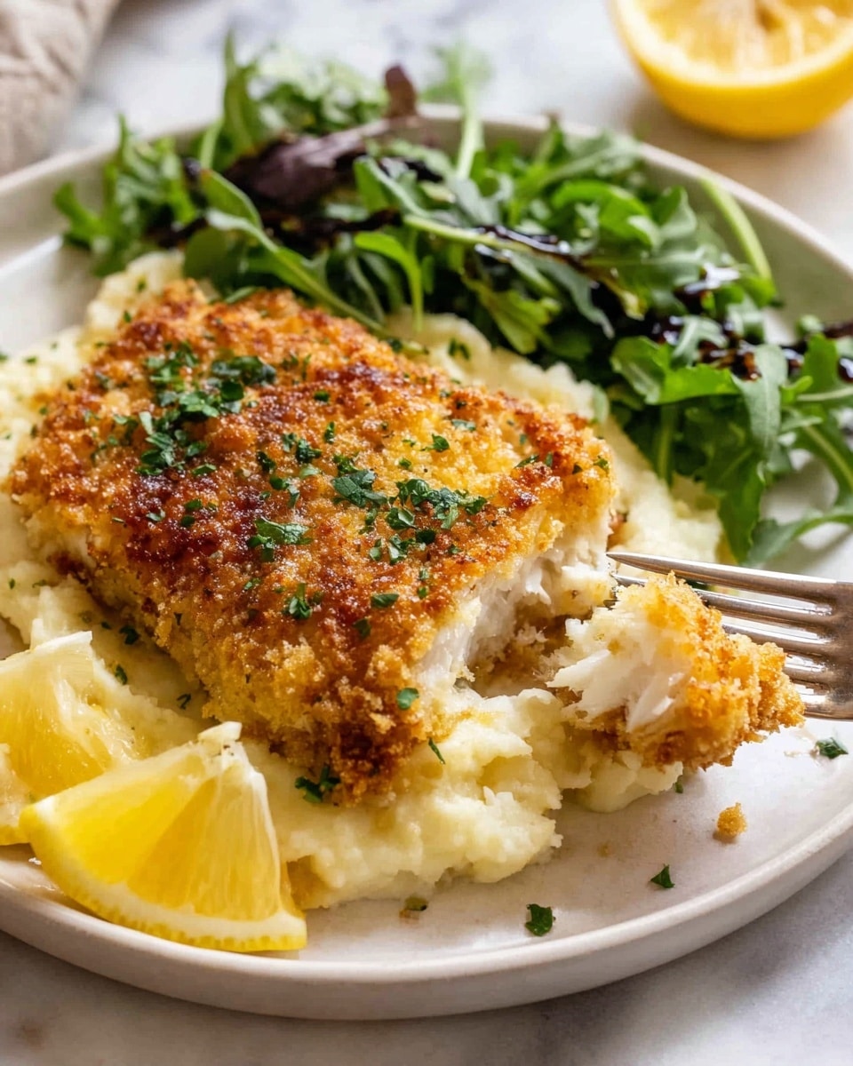 A white plate holds a breaded, golden-brown fish fillet on a bed of creamy white mashed potatoes. The fish has a crispy, textured top layer with sprinkled green parsley bits. To the left side of the plate, there are two bright yellow lemon wedges next to a small portion of fresh green arugula drizzled with a dark balsamic glaze. A fork pierces into one end of the fish, lifting a small piece to reveal moist white flesh inside. The plate rests on a white marbled surface. photo taken with an iphone --ar 4:5 --v 7