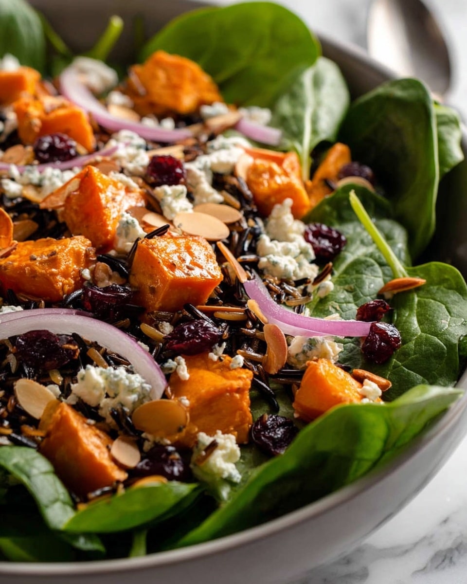 A close-up view of a salad served in a white bowl, placed on a white marbled surface. The salad has several layers: at the bottom, fresh green spinach leaves with a smooth texture. On top of the spinach, there are bright orange roasted sweet potato cubes, each piece soft and slightly glossy. Scattered among the sweet potatoes are thin slices of light purple red onion, and small dark dried cranberries adding contrast. There are also some cooked wild rice grains mixed in, dark brown and chewy. Light tan almond slices are sprinkled across the salad, adding a crunchy texture. Finally, small white crumbles of goat cheese are spread over the top, creamy and soft. photo taken with an iphone --ar 4:5 --v 7