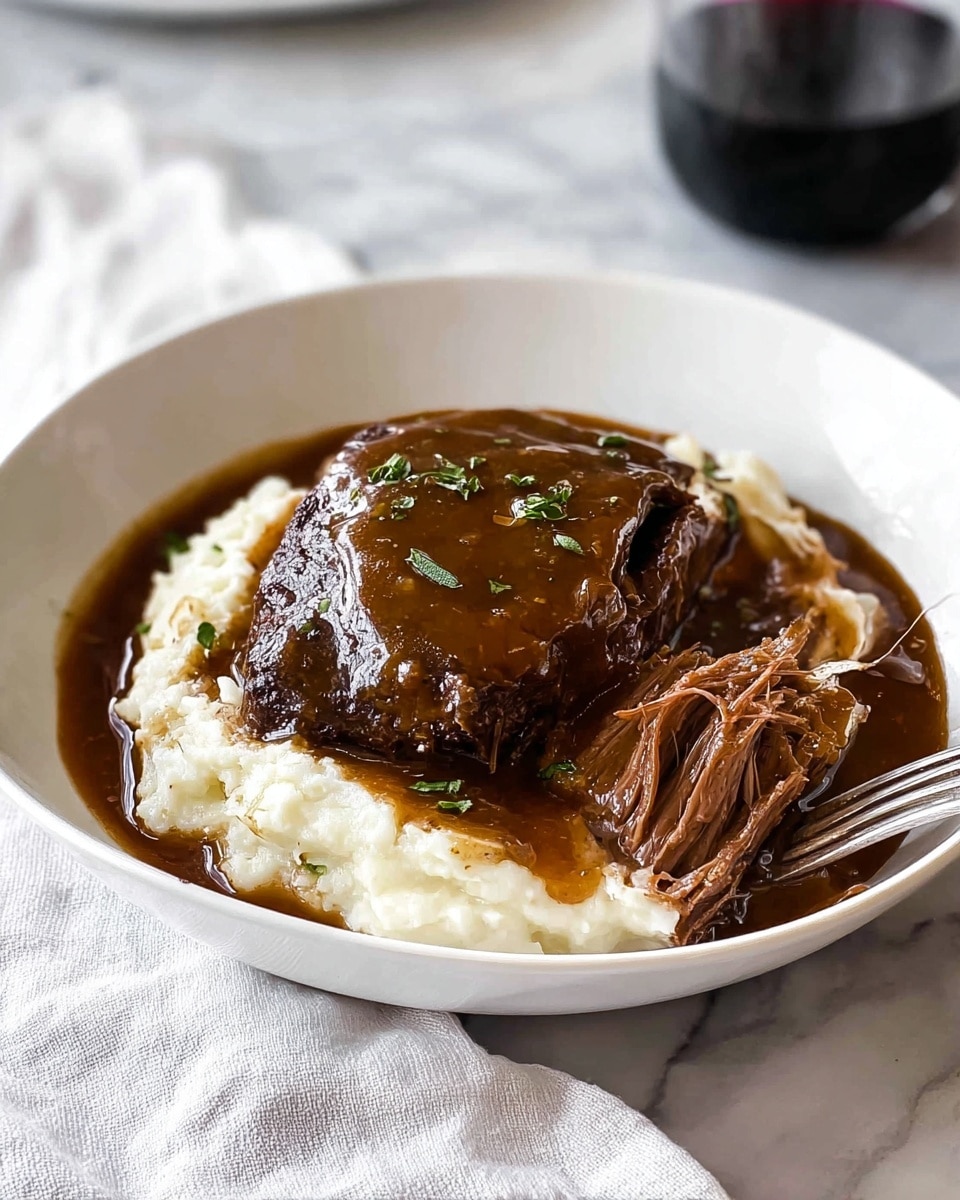 A white deep bowl contains a base layer of smooth, creamy mashed potatoes with a light beige color and soft texture, spread evenly. Sitting on top is a thick piece of dark brown, tender meat covered in a rich, glossy brown sauce that drips slightly onto the mashed potatoes. The meat shows a cut section revealing its juicy, pinkish interior with visible fibers. Fresh green herbs are sprinkled on the meat and mashed potatoes, adding contrast and color. A silver fork rests on the left side of the mashed potatoes, and a silver knife is partially visible on the right side of the meat. The bowl is placed on a white marbled surface. Photo taken with an iphone --ar 4:5 --v 7