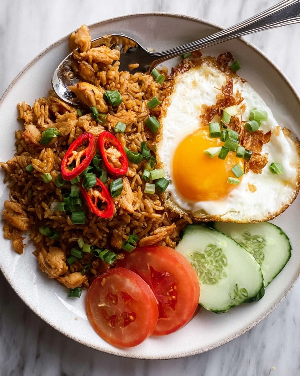A white shallow bowl holds a dish with four main parts. On the left is a large mound of brown fried rice mixed with small chicken pieces, sliced green onions, and red chili slices, giving a mix of dark, light, and bright spots in the grains. On the right side, a sunny fried egg with a bright yellow yolk and white edges is placed on top of the rice, garnished with chopped green onions and small brown fried bits. Below the egg, thick red tomato wedges sit on thin green cucumber slices forming a colorful border along the bottom and right edge of the bowl. A silver spoon is partly buried inside the rice mound, resting on the bowl's edge, which sits on a white marbled surface. photo taken with an iphone --ar 4:5 --v 7