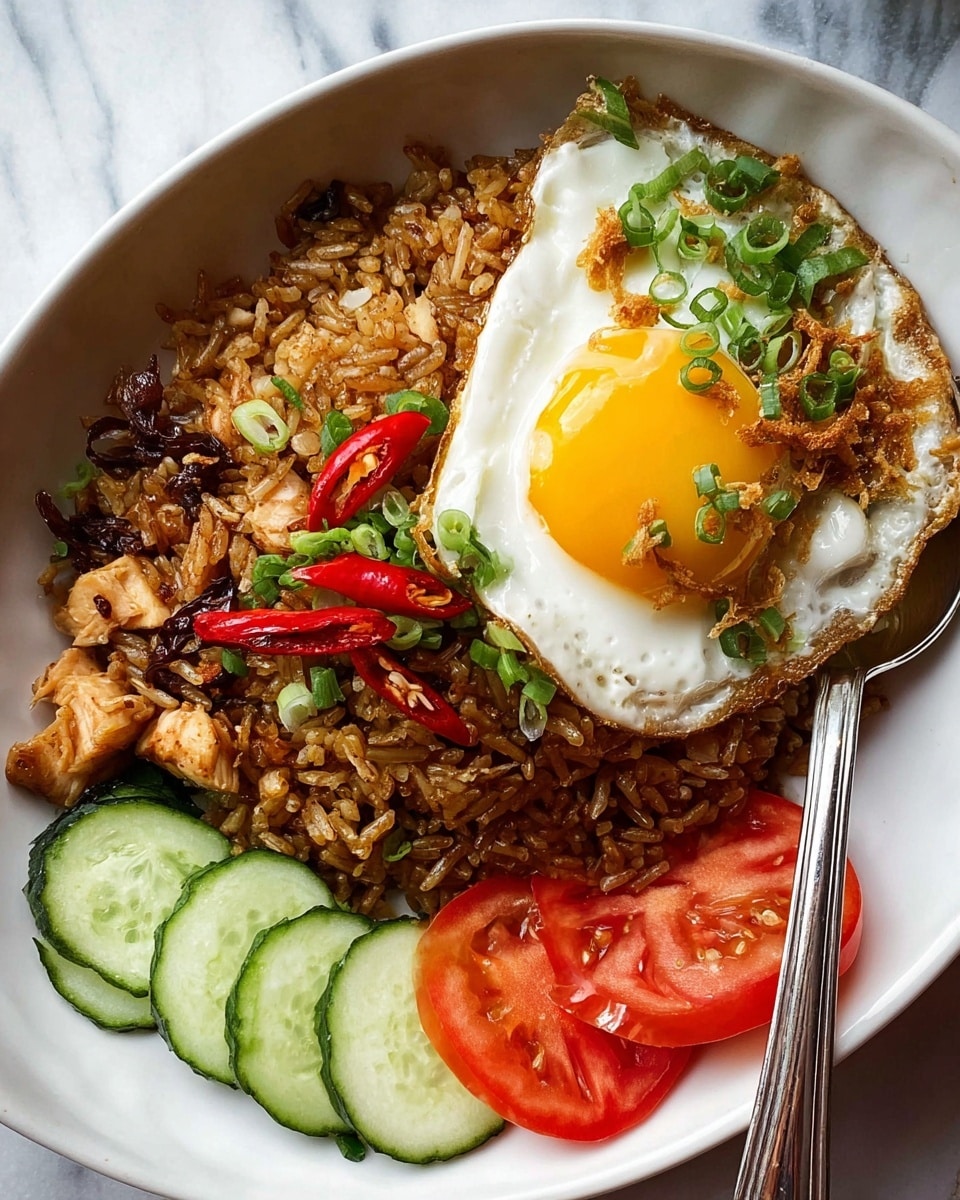 A white plate on a white marbled surface holds a dish with four main parts: on the left, a large portion of brown fried rice mixed with small pieces of chicken and green onion slices, topped with thin red chili slices; a shiny silver spoon rests partly inside the rice. On the right, a sunny side up fried egg with a bright yellow yolk, white edges slightly crispy, garnished with chopped green onions and fried shallots. Below the egg, there are fresh red tomato wedges and round cucumber slices arranged in a neat row, adding a fresh green and red contrast to the dish. photo taken with an iphone --ar 4:5 --v 7