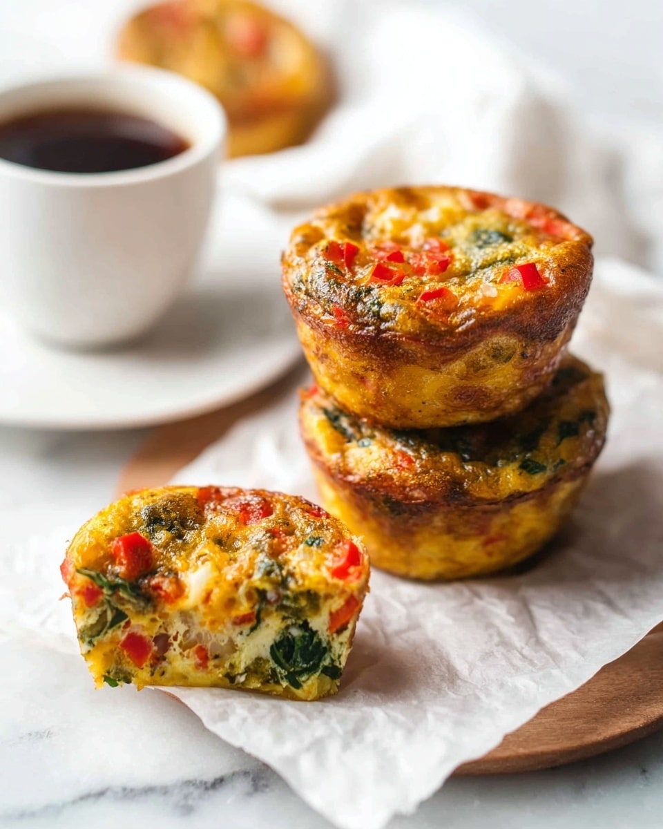The image shows three small egg muffins, two stacked on top of each other on a piece of white parchment paper and one lying on its side nearby. The muffins have a golden brown baked outer layer with a slightly crispy texture. Inside the muffins, you can see colorful layers of melted cheese, green spinach, and small chunks of red tomato, giving a vibrant and hearty appearance. In the background, there is a white cup filled with dark coffee on a white saucer, all set on a white marbled surface with a soft natural light. Photo taken with an iphone --ar 4:5 --v 7