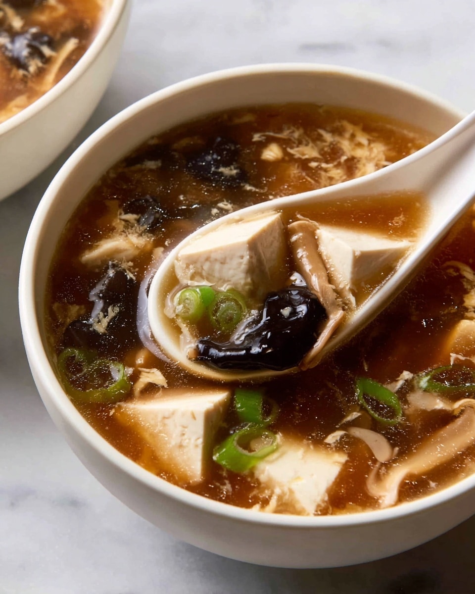 A close-up view of a white ceramic spoon inside a bowl filled with hot soup. The soup has clear brown broth with visible layers including light tan tofu cubes, thin beige mushroom slices, dark brown wood ear fungus, small green onion pieces, and wisps of egg ribbons. The spoon is lifting a mix of these ingredients, with the smooth tofu and shiny mushrooms resting on top. The bowl’s edge is visible with a subtle texture, sitting on a white marbled surface. The photo taken with an iphone --ar 4:5 --v 7