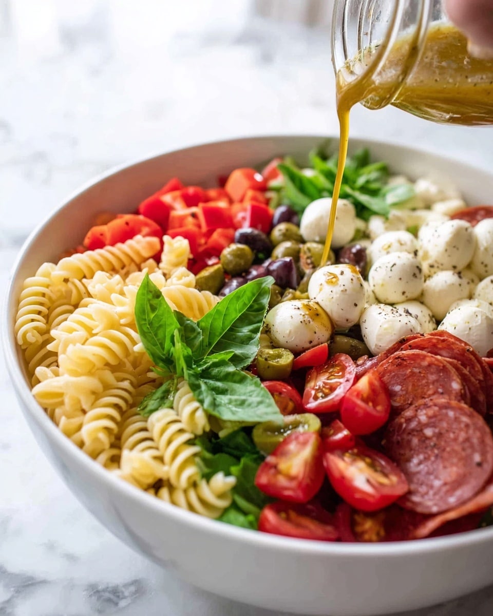 A white bowl holds a colorful layered salad with six main parts starting from the left: light yellow curly pasta, dark red sliced pepperoni, green fresh basil leaves scattered on top, white small mozzarella balls sprinkled with black pepper, dark green and purple olives, red chopped bell peppers, and bright red cherry tomatoes halved, with more green basil leaves on them. A jar is held above pouring a golden-yellow dressing over the mozzarella. The bowl sits on a white marbled surface. photo taken with an iphone --ar 4:5 --v 7