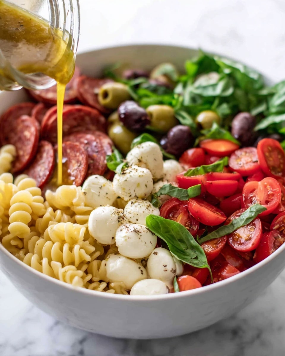 A white bowl filled with a colorful pasta salad featuring distinct sections: light yellow rotini pasta on the left, diced red bell peppers next to it, black and green olives toward the back center, bright green fresh basil leaves spread throughout, small white mozzarella balls on the right sprinkled with black pepper, halved cherry tomatoes behind the mozzarella, and thin slices of reddish-brown pepperoni in the front center. A woman's hand is pouring a golden dressing from a glass jar over the mozzarella and basil area. The bowl is placed on a white marbled surface. Photo taken with an iphone --ar 4:5 --v 7