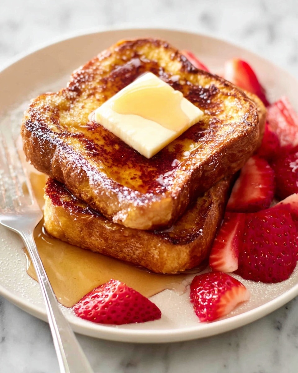 A stack of two thick, golden brown French toast slices arranged in the center of a white plate with a white marbled texture background. On top of the upper toast, there is a small square of butter melting, surrounded by glossy syrup that drips slightly down the sides. Several bright red, halved strawberries are placed on and around the toast, adding color and freshness. A silver fork is partially visible in the bottom left corner with some syrup dripping near it. The overall image is warm and inviting with close-up details of the toast texture and fruit. photo taken with an iphone --ar 4:5 --v 7