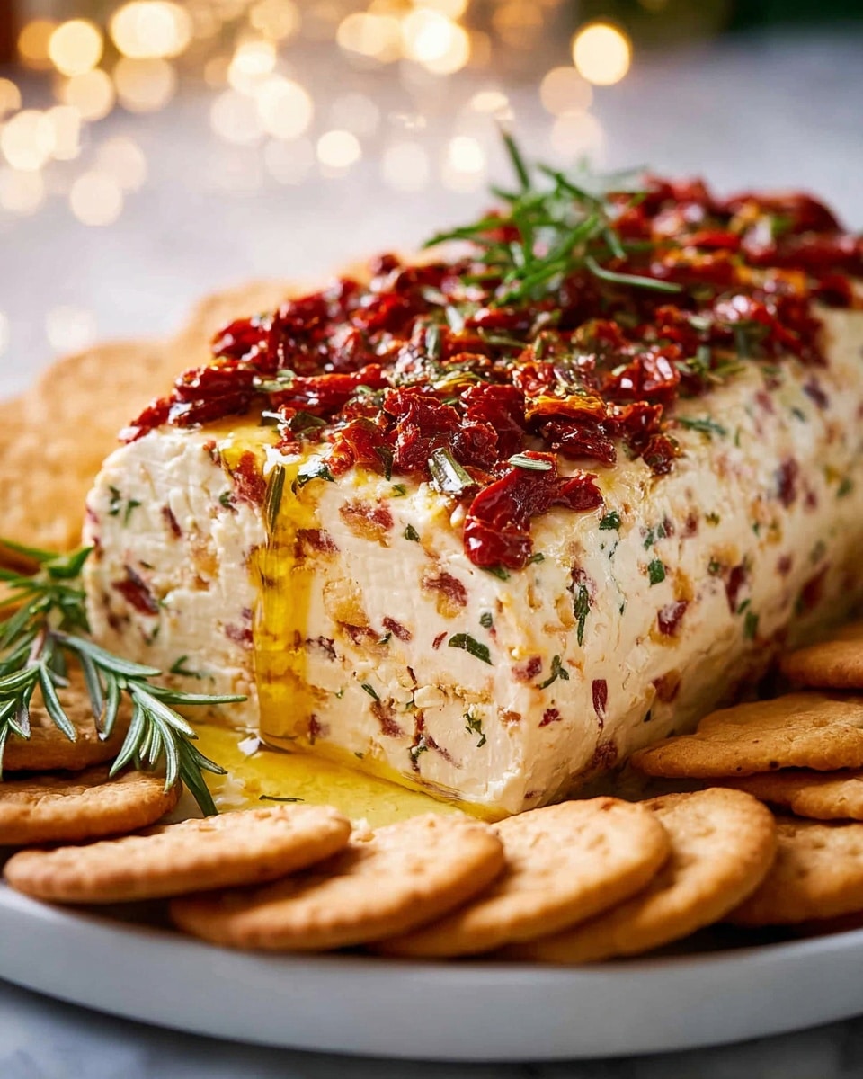 A rectangular block of creamy white cheese mixed with small red and green herbs sits in the middle of a white plate on a white marbled surface. The top layer is covered with a chunky mix of dark red sun-dried tomatoes and green rosemary sprigs, with golden oil dripping down the sides. Surrounding the cheese block is a neat circle of round, golden crackers, some stacked and some laid flat. Soft warm light gives the scene a cozy feel with some blurred yellow lights in the back. Photo taken with an iphone --ar 4:5 --v 7