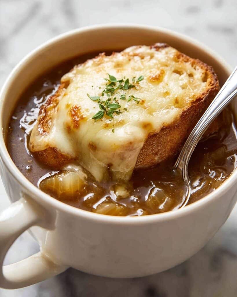 Classic French Onion Soup with Gruyère and Baguette Toast Recipe