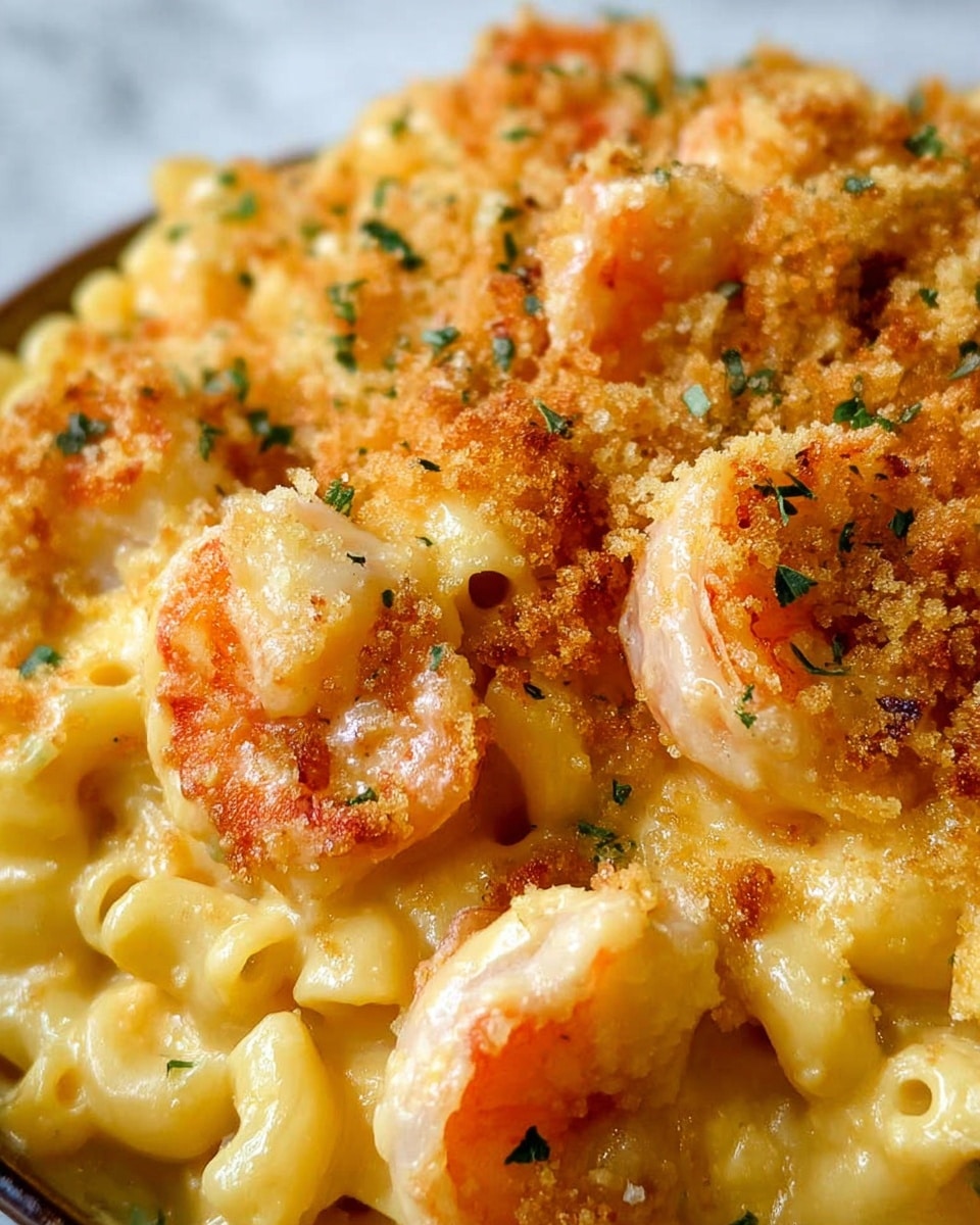 The image shows a close-up of a creamy macaroni and cheese dish topped with cooked shrimp. The macaroni noodles are coated in a smooth, yellow cheese sauce, looking soft and rich. Scattered on top are pink shrimp that appear tender and slightly grilled, along with golden brown toasted breadcrumbs adding a crunchy texture. Small bits of green herbs are sprinkled over the dish for color contrast. The background features a white marbled texture. photo taken with an iphone --ar 4:5 --v 7