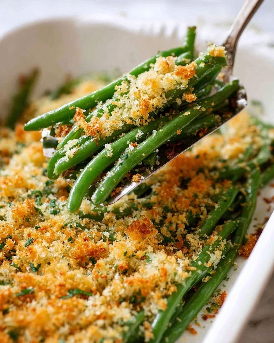 The image shows a close-up of green beans with a golden brown crunchy topping. The green beans form the base layer, bright and glossy with a fresh green color, laid lengthwise. On top, there is a thick layer of browned breadcrumb and cheese mix, textured and uneven with toasted spots of deeper gold, garnished with small green herb pieces. The green beans and topping are being lifted by a metal spatula, with the white marbled surface underneath faintly visible. photo taken with an iphone --ar 4:5 --v 7