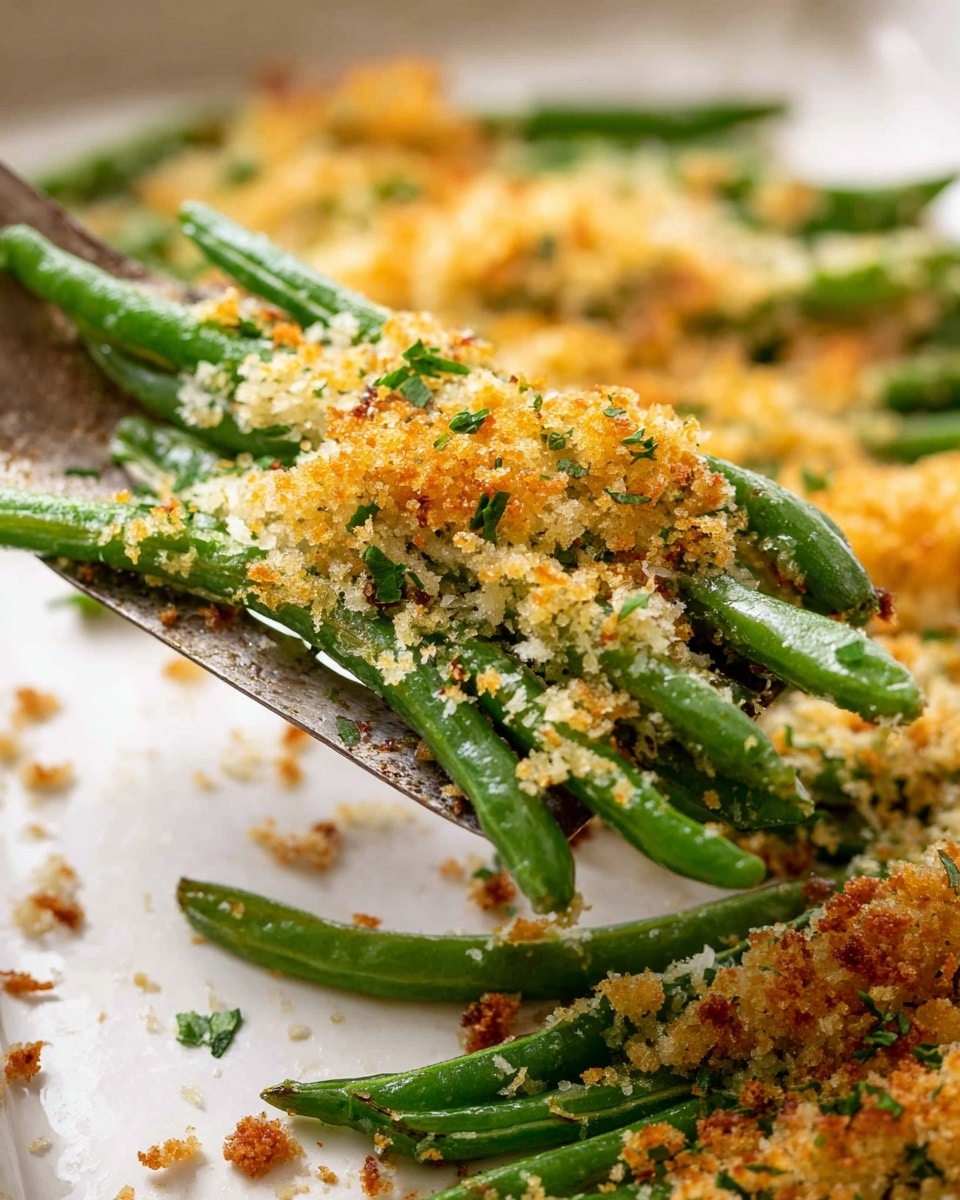 The image shows green beans topped with a golden brown crumb layer. The green beans are bright green and arranged side by side in two layers. On top of the beans is a crispy, toasted layer of breadcrumbs mixed with herbs, giving it a textured look with small bits of green scattered throughout. The crumb topping has a mix of light and darker golden brown areas that show crunchiness. The green beans beneath look fresh and slightly shiny. The dish is set on a white marbled surface, and a spatula is lifting some of the green beans up, showing the layers clearly. photo taken with an iphone --ar 4:5 --v 7