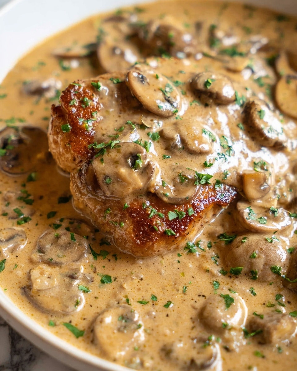 A close-up view of a creamy sauce dish with rich light brown color, filled with sliced mushrooms and a browned piece of meat in the center. The mushrooms are soft and coated with the smooth, thick sauce that has a glossy finish. The piece of meat is slightly textured with a grilled or pan-seared golden brown surface, sprinkled with small green herb pieces. The whole scene appears warm and inviting on a white marbled texture in the background. photo taken with an iphone --ar 4:5 --v 7