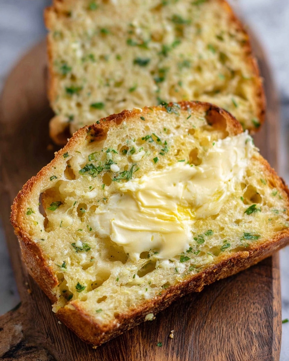 A close-up of two slices of moist zucchini bread stacked on a white marbled surface. The bread has a golden brown crust on the outside with a soft, spongy light beige interior dotted with small green zucchini flecks. The top slice shows a thick layer of creamy, pale yellow melted butter spreading unevenly across the middle, highlighting the bread's airy texture and small holes. The background slice is blurred but shows the same texture with buttery glistening. photo taken with an iphone --ar 4:5 --v 7