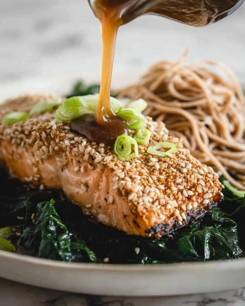 Sesame-Crusted Salmon with Soba Noodles and Greens Recipe
