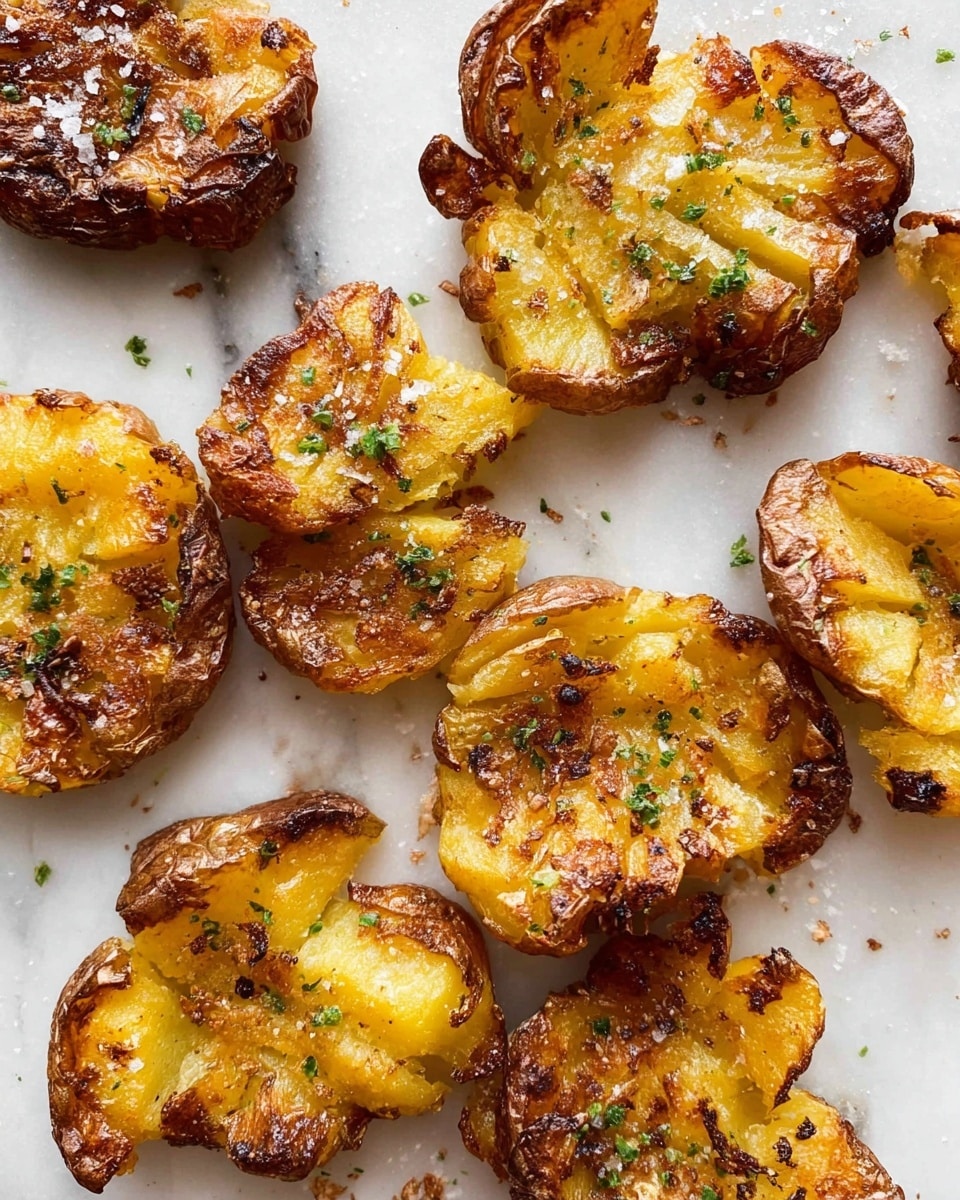A close-up view of several golden smashed potatoes spread out on a white marbled surface. Each potato is flattened and has a crispy, browned crust with textured edges showing some bubbling and crinkling from roasting. The centers are soft and creamy yellow with a slightly glossy look, sprinkled with coarse salt, cracked black pepper, and finely chopped green herbs. Small browned bits of potato skin and crispy parts are scattered around the potatoes, adding to their rustic appearance. photo taken with an iphone --ar 4:5 --v 7