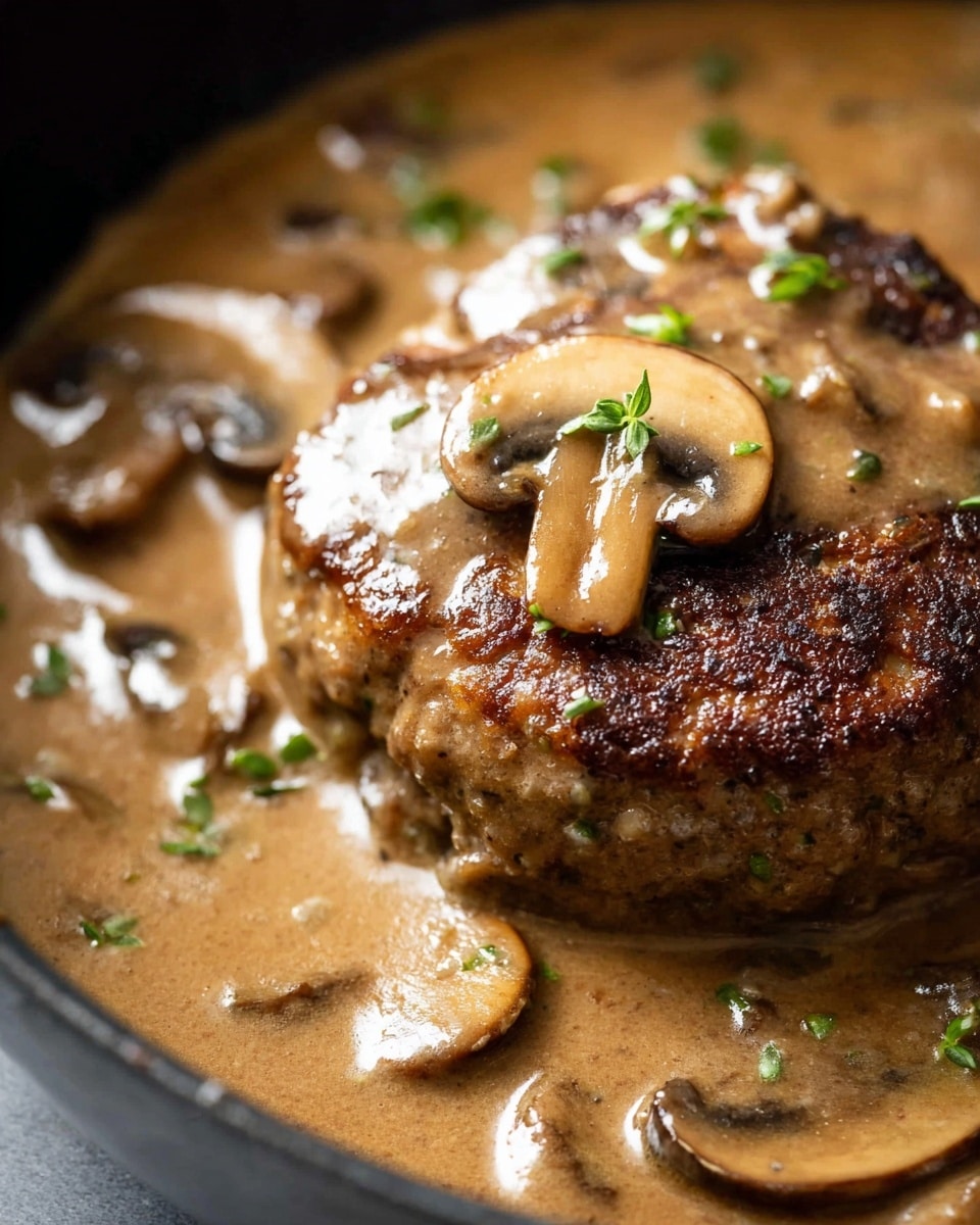 A close-up view of a cooked meat patty with a browned, textured surface in the middle of a thick, creamy, light brown mushroom sauce. The sauce has visible sliced mushrooms with a soft texture and some sprinkled green herbs on top. The dish is presented inside a black pan, with part of a spoon holding some sauce and mushrooms on the right side. The background shows a white marbled surface. photo taken with an iphone --ar 4:5 --v 7