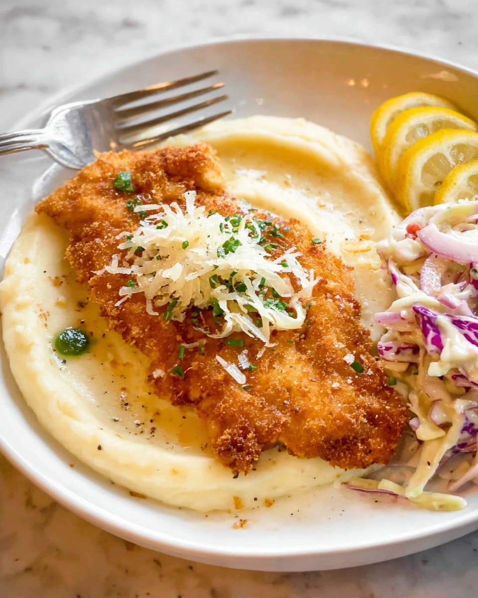 A white plate holds a meal with three main layers: on the bottom, creamy mashed potatoes swirled with a smooth, light texture and a slight sheen; on top of that, a large golden-brown breaded fried fish fillet sits in the center, crispy with a rough texture, sprinkled with small bits of grated cheese and chopped green herbs; to the side, there is a creamy slaw made of thin white cabbage and light purple onion slices, speckled with black pepper, with two thin, bright yellow lemon wedges placed next to it; a metal fork with mashed potatoes on its tines rests on the upper edge of the plate; the setting is a white marbled surface. photo taken with an iphone --ar 4:5 --v 7