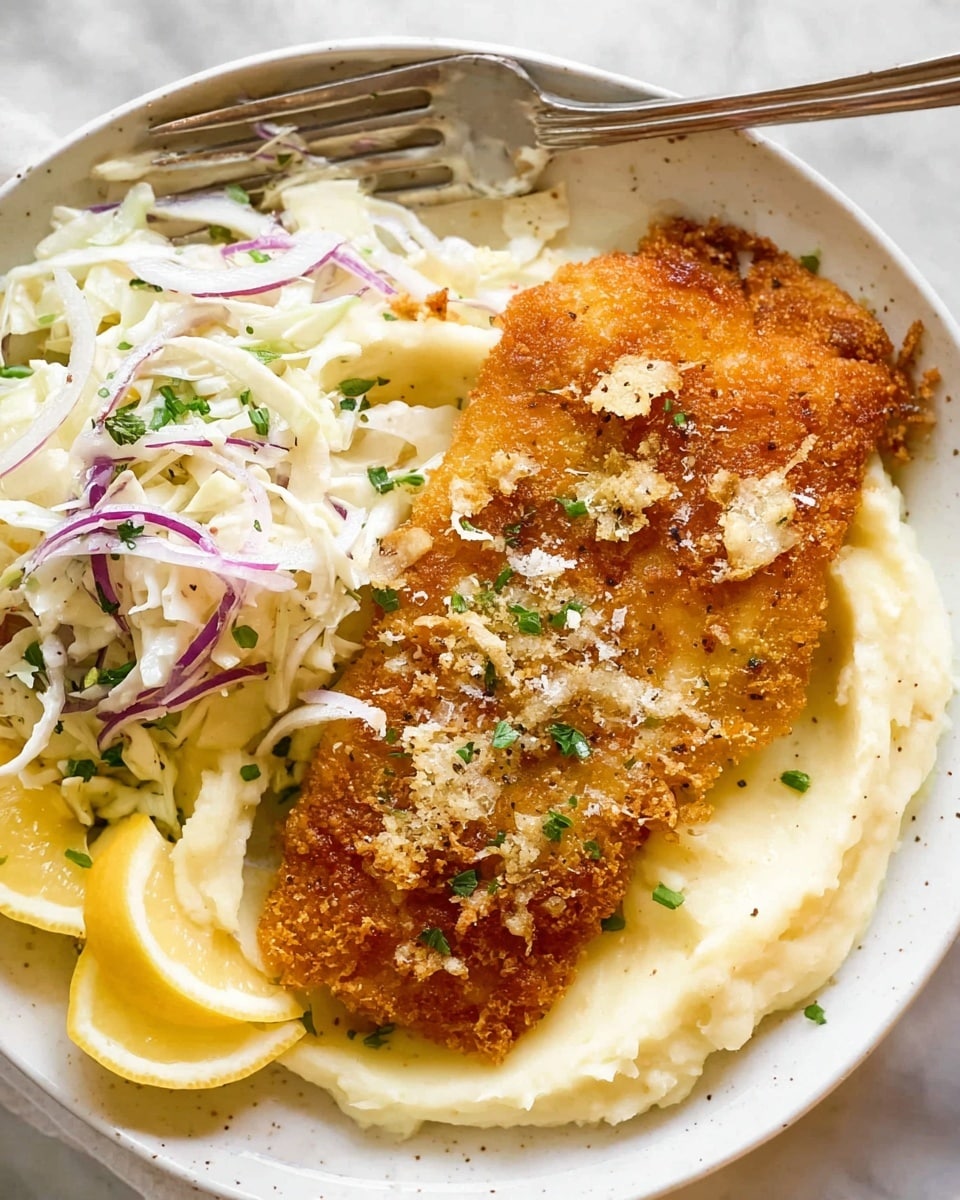 The dish is presented on a white plate with three main layers. At the bottom, there is a smooth, creamy mashed potato layer with a light beige color and a few small green herb pieces on top. Above the mashed potato, slightly off-center, is a golden brown, crispy fried chicken cutlet with a textured crust sprinkled with finely shredded pale yellow cheese and small green herbs. On the right side of the plate, there is a creamy white coleslaw mixed with thin slices of purple onion and specks of black pepper. Two lemon wedges with bright yellow skin are placed beside the coleslaw, adding a fresh color contrast. A silver fork rests on the edge of the mashed potatoes near the top left of the plate. The background is a white marbled texture. photo taken with an iphone --ar 4:5 --v 7