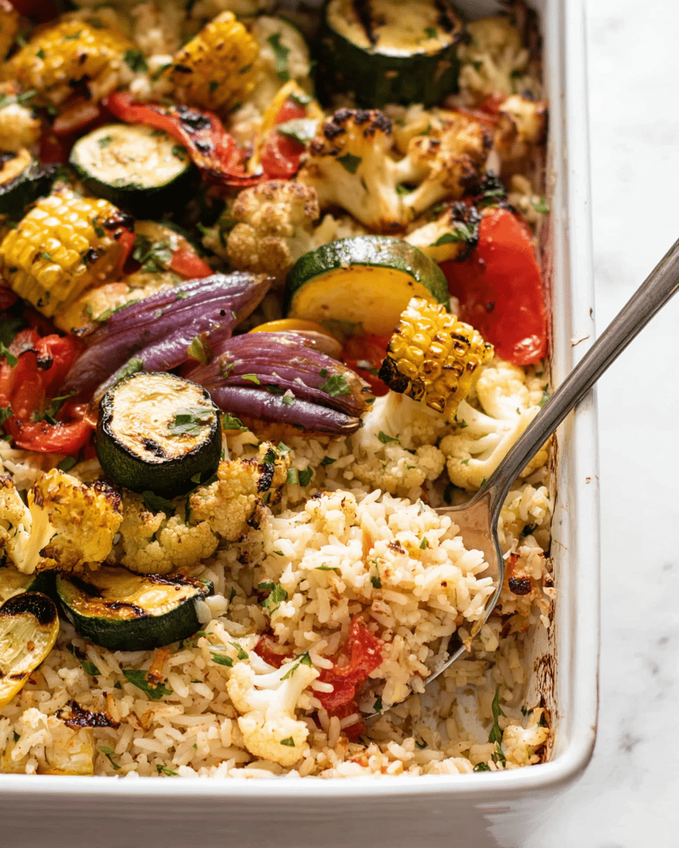 The image shows a white rectangular baking dish filled with three main layers. The bottom layer is light brown cooked rice mixed with small pieces of red and orange vegetables, giving it a soft texture. The middle layer consists of a mix of roasted vegetables including bright yellow corn on the cob pieces, charred green zucchini slices with a soft interior, and red bell peppers with a slightly wrinkled skin. The top layer has darker purple onion wedges and small roasted cauliflower pieces with browned edges. All the vegetables are sprinkled with chopped green herbs. A metal spoon is scooping up a portion from the dish, and the dish sits on a white marbled surface. Photo taken with an iphone --ar 4:5 --v 7