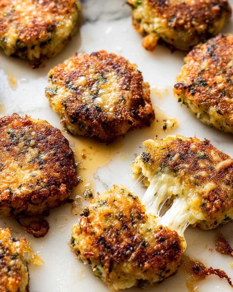 A close-up view of several golden brown fritters with a slightly rough texture, cooked to a crispy finish on the surface. Each fritter is round, about one layer thick, with visible bits of green herbs and small pieces of vegetables embedded inside. One fritter is broken in half, showing melted cheese stretching between the halves, with a crispy edge on the split. The fritters rest directly on a white marbled surface with oil spots and browned cooking marks visible. The photo is bright and warm, highlighting the crunchy, uneven texture of the fritters. photo taken with an iphone --ar 4:5 --v 7