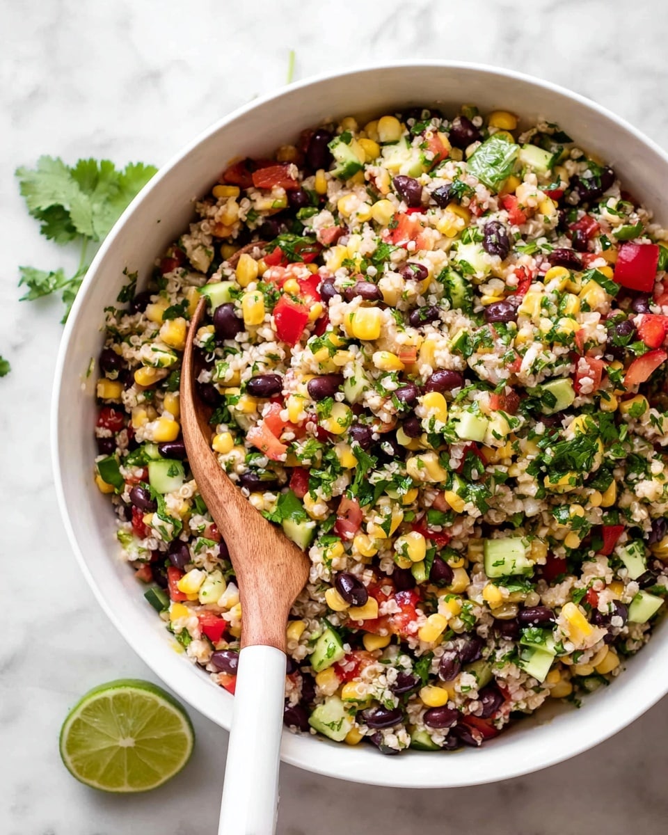 A large white bowl filled with a colorful mixed salad showing layers of small grains, bright yellow corn kernels, black beans, finely chopped red bell peppers, light green cucumber pieces, and dark green chopped herbs like cilantro spread evenly throughout. The salad has a fresh, chunky texture with a light glisten. A wooden spoon with a white handle is resting inside the bowl, partly covered with the salad. A half lime is placed near the bowl on a surface with a white marbled texture. photo taken with an iphone --ar 4:5 --v 7
