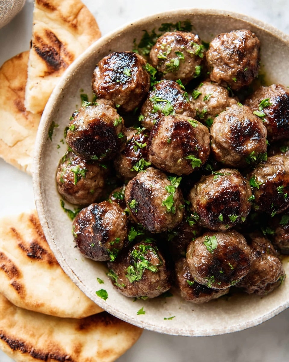 A close-up image of a white, oval bowl filled with about twenty round, browned meatballs that have a slightly crispy texture and a shiny surface, garnished with small pieces of chopped green herbs scattered over the top. The bowl rests on a white marbled surface. On the left edge of the image, there are pieces of grilled pita bread with light brown grill marks and a soft texture. Photo taken with an iphone --ar 4:5 --v 7