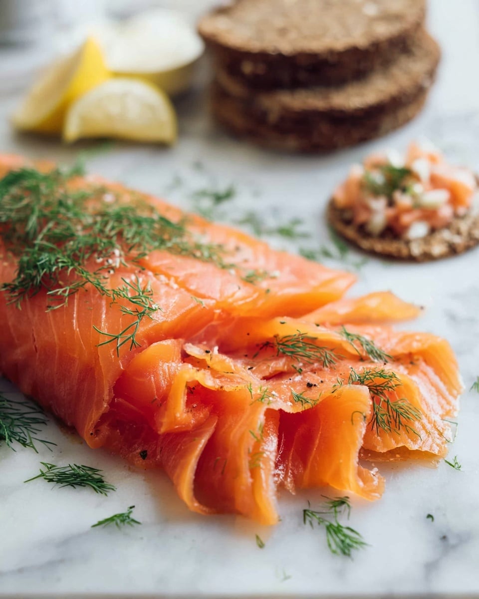 The image shows thin, bright orange slices of smoked salmon neatly fanned out in layers on a white marbled surface, with some dill herbs sprinkled on top and around for decoration. A larger piece of smoked salmon sits behind the slices, also garnished with green dill. In the background, there are two pieces of brown rye bread stacked on top of each other and a few lemon wedges placed around. A round cracker topped with chopped smoked salmon and a small amount of sauce is also visible. The colors contrast softly with the white marbled surface, creating a fresh and elegant look. photo taken with an iphone --ar 4:5 --v 7