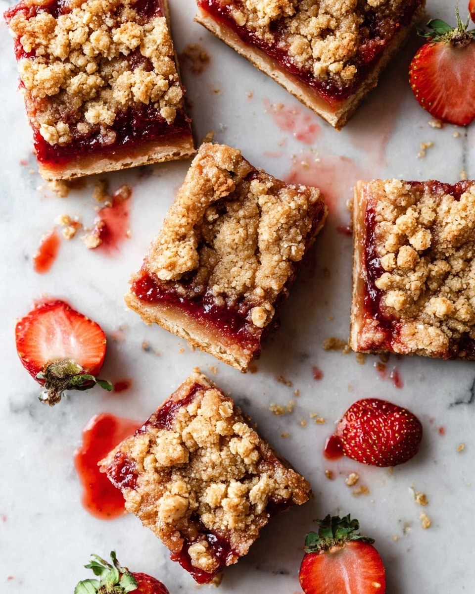 The image shows several square strawberry crumble bars placed on a white marbled surface, each bar with three visible layers: a light golden brown bottom crust, a bright red strawberry jam middle layer, and a crumbly, oat-topped golden brown crust on top. The bars look slightly sticky with strawberry jam oozing out around the edges. Scattered around the bars are whole and cut fresh strawberries adding a pop of red color. The texture of the crumble on top is rough and chunky with oat pieces clearly visible. Photo taken with an iphone --ar 4:5 --v 7