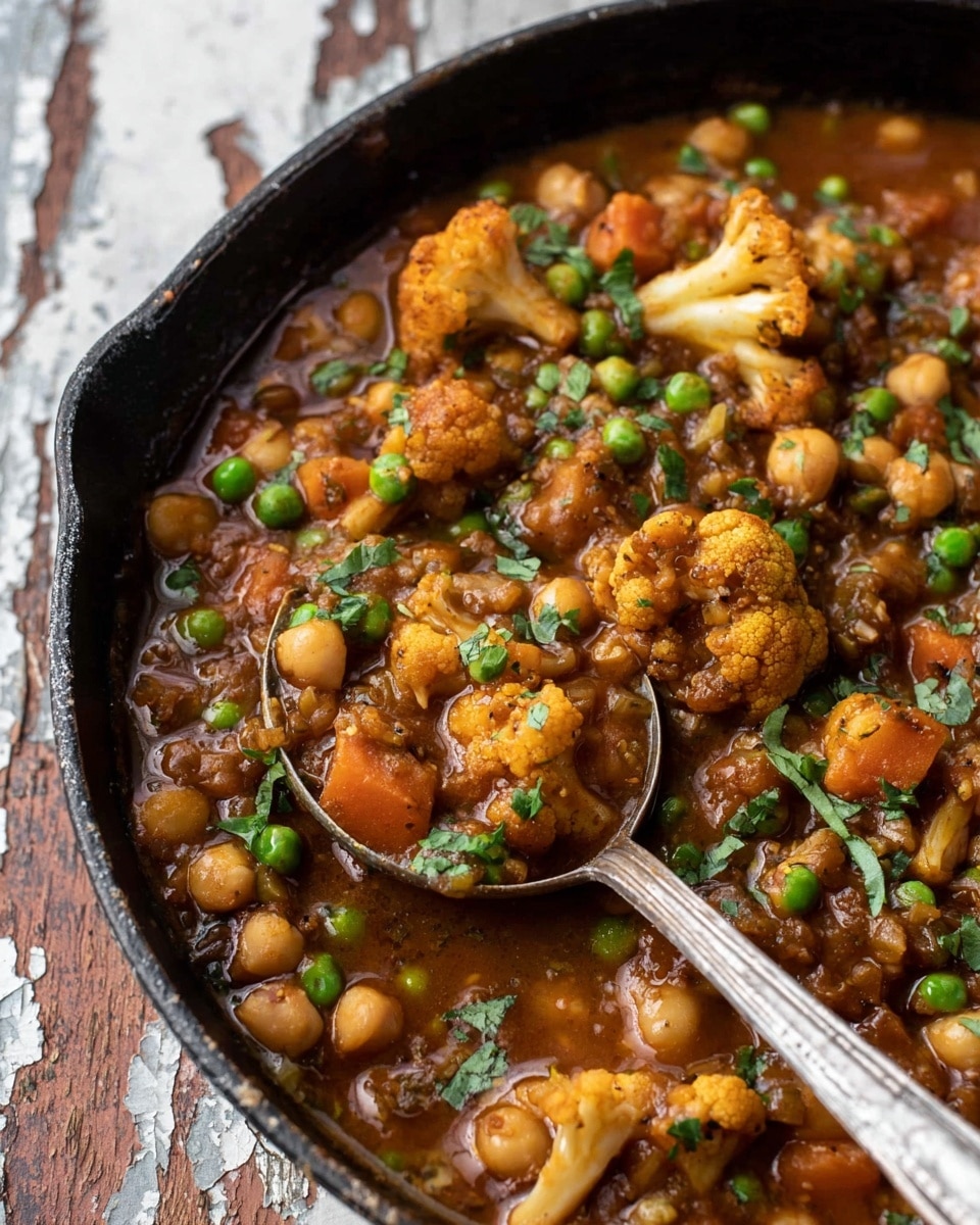 A close-up of a black skillet filled with a thick, dark brown stew featuring several soft orange cauliflower florets, light beige chickpeas, and bright green peas scattered throughout. The stew has a rich, slightly chunky texture with flecks of green herbs sprinkled over the top. A large metal spoon is dipped into the stew, lifting some of the vegetables and liquid, showing the mix of textures and colors in the dish. The surface under the skillet is a white marbled texture. photo taken with an iphone --ar 4:5 --v 7