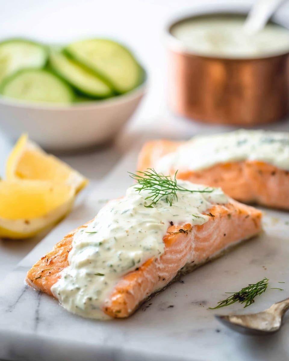 The image shows a cooked salmon fillet on a white marbled surface, lightly seasoned and topped with a thick, creamy white dill sauce that covers the middle part of the fish. A small sprig of fresh green dill decorates the sauce. In the blurred background, there is a slice of yellow lemon, a few lemon wedges, and a white bowl filled with thin cucumber slices. A spoon with extra sauce and a small copper container of sauce are also visible. The colors mainly include pink from the salmon, creamy white from the sauce, bright green from the dill and cucumber, and yellow from the lemon. Photo taken with an iphone --ar 4:5 --v 7