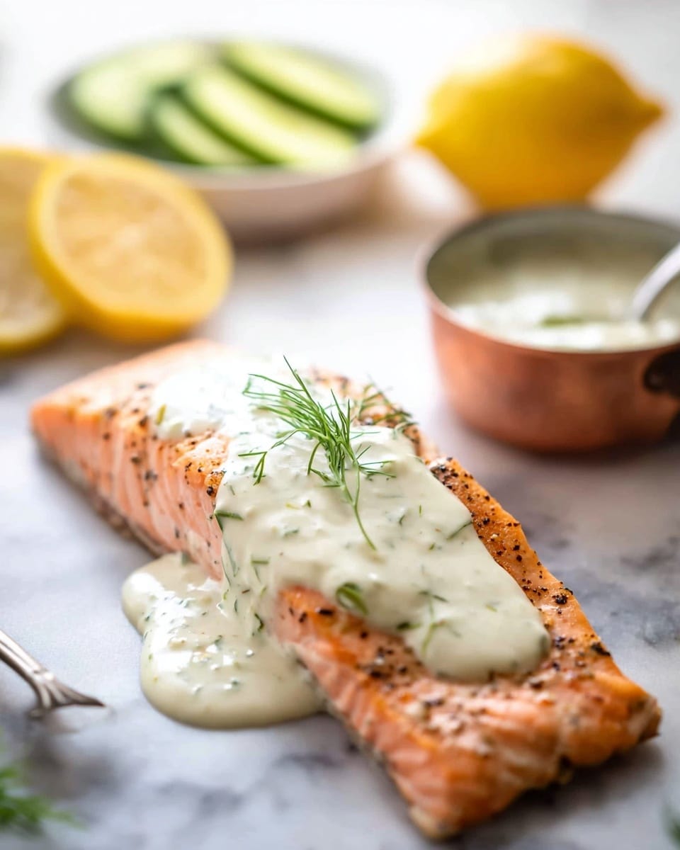 The image shows two cooked salmon fillets on a white marbled surface, with the front fillet topped with a thick, creamy white sauce speckled with green herbs and garnished with a small sprig of fresh dill. The salmon is a light pink-orange color, with a slightly crispy texture visible on the surface. In the background, there are two lemon wedges, one upright and the other lying down, adding a bright yellow contrast. To the left, there is a white bowl with thinly sliced green cucumber ribbons, and in the right background, a copper container holds more creamy sauce with a spoon resting next to it. The scene is bright and clean. photo taken with an iphone --ar 4:5 --v 7