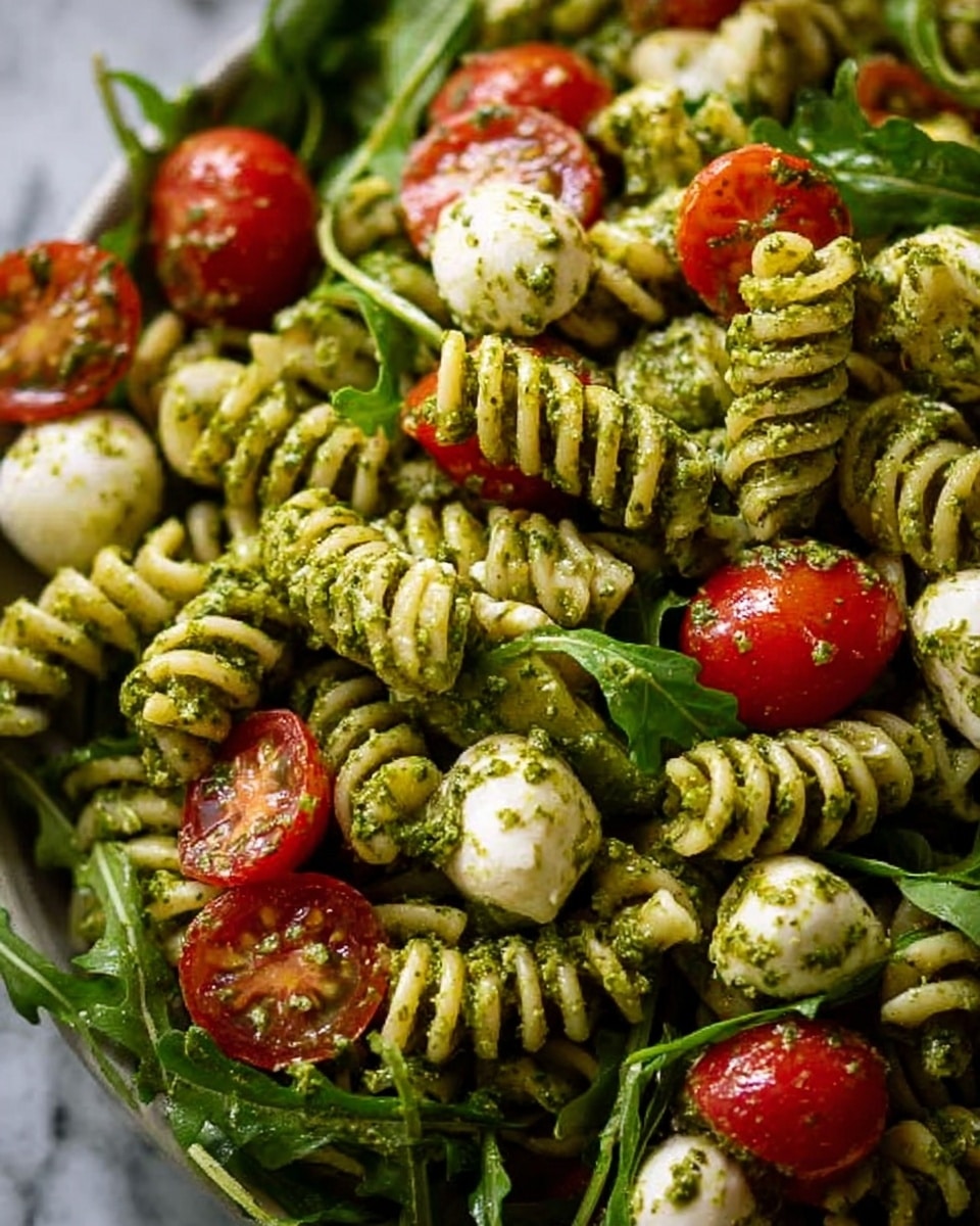 The image shows a close-up of a pasta salad featuring green pesto-covered spiral rotini pasta as the top layer, mixed with bright red cherry tomatoes that are whole and halved, adding vibrant color. Scattered among the pasta and tomatoes are small, white, smooth mozzarella balls, adding texture contrast. Green leafy arugula is mixed throughout, giving a fresh, crisp look. All ingredients appear well coated with the green pesto sauce, adding a slightly glossy texture throughout. The dish is set against a white marbled surface. photo taken with an iphone --ar 4:5 --v 7