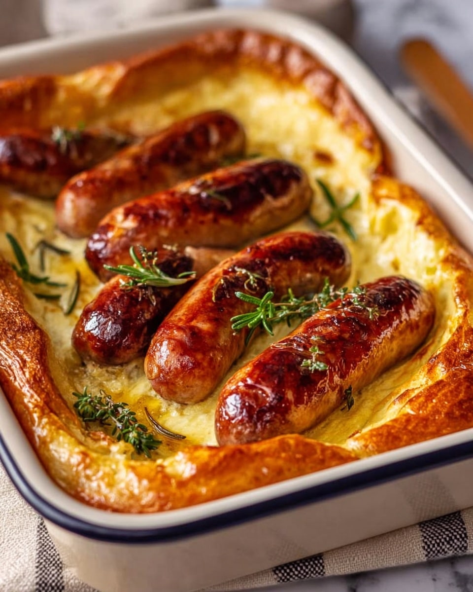 The image shows a white rectangular baking dish filled with a meal of golden brown puffed pastry forming the bottom and tall edges, slightly crispy and airy in texture. Inside the pastry, five shiny, browned sausages are neatly placed with sprigs of fresh green rosemary scattered on top, adding a touch of color and freshness. The dish sits on a white marbled surface with soft natural light highlighting the glossy sausages and warm tones of the pastry crust. photo taken with an iphone --ar 4:5 --v 7