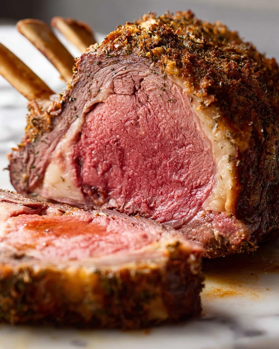 A thick, juicy slice of roast beef with a medium-rare center in a pinkish-red color, surrounded by a well-seared, dark brown crust with visible seasoning and herbs, resting on a white marble surface. The bone attached to the meat is light brown and slightly charred. The piece behind the slice shows the same layers, with the outer crust glistening with juices and slight caramelization. Photo taken with an iphone --ar 4:5 --v 7