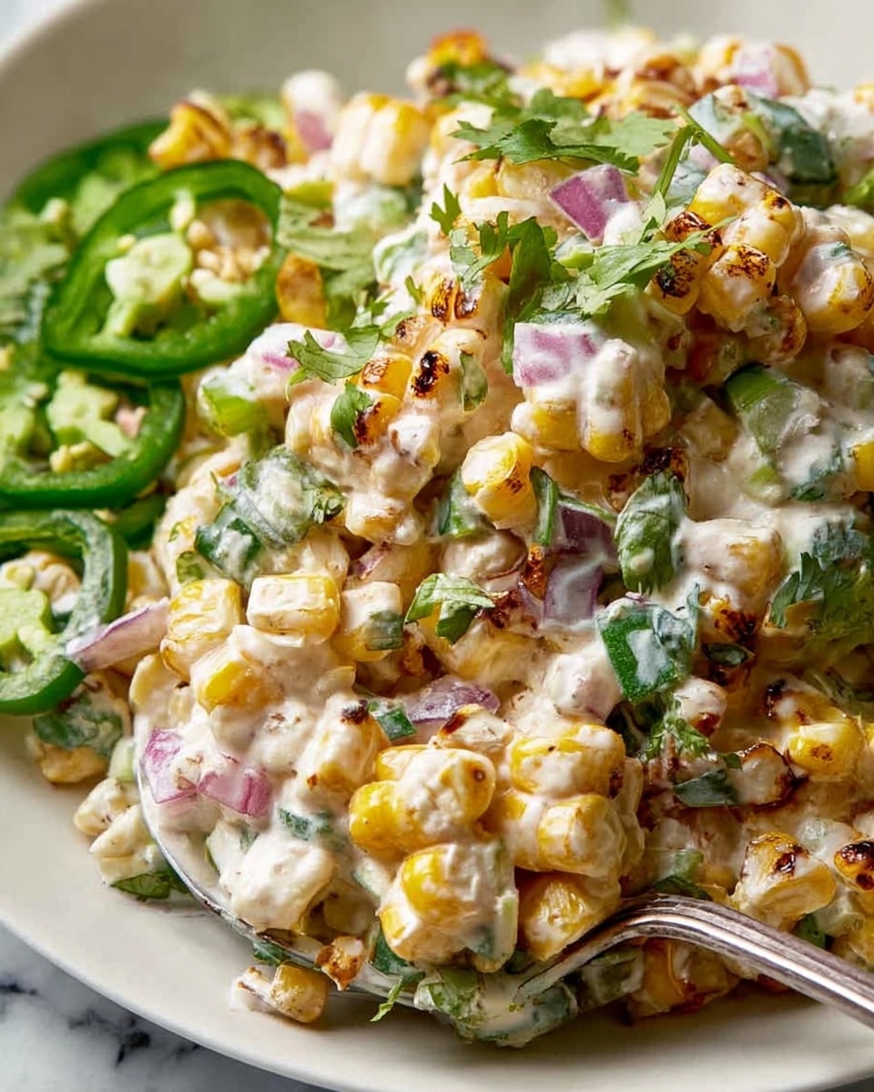 The image shows a creamy corn salad served in a white bowl, filled with three main layers: golden yellow roasted corn kernels with some charred spots, a thick white creamy sauce mixed evenly throughout, and bits of green fresh herbs scattered on top for color and freshness. There are also small pieces of red onion mixed in, adding purple touches, and sliced green jalapeño pepper placed on one side for a spicy look. The bowl sits against a white marbled background and a silver spoon is partly visible in the salad. Photo taken with an iphone --ar 4:5 --v 7