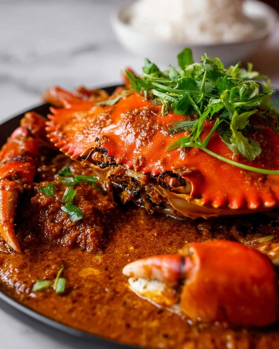 The image shows a close-up of a cooked crab covered in a thick, reddish-brown sauce, with the crab’s orange shell glistening under the sauce. The crab is topped with fresh green herbs, adding a bright contrast to the rich sauce. Visible crab legs and claws are coated in the same sauce, with bits of white crab meat peeking through. In the background, there is a white bowl partially filled with plain white rice, all placed on a white marbled surface. The scene is vibrant and detailed, focusing on the texture of the crab shell and the sauce’s glossy, chunky consistency. Photo taken with an iphone --ar 4:5 --v 7