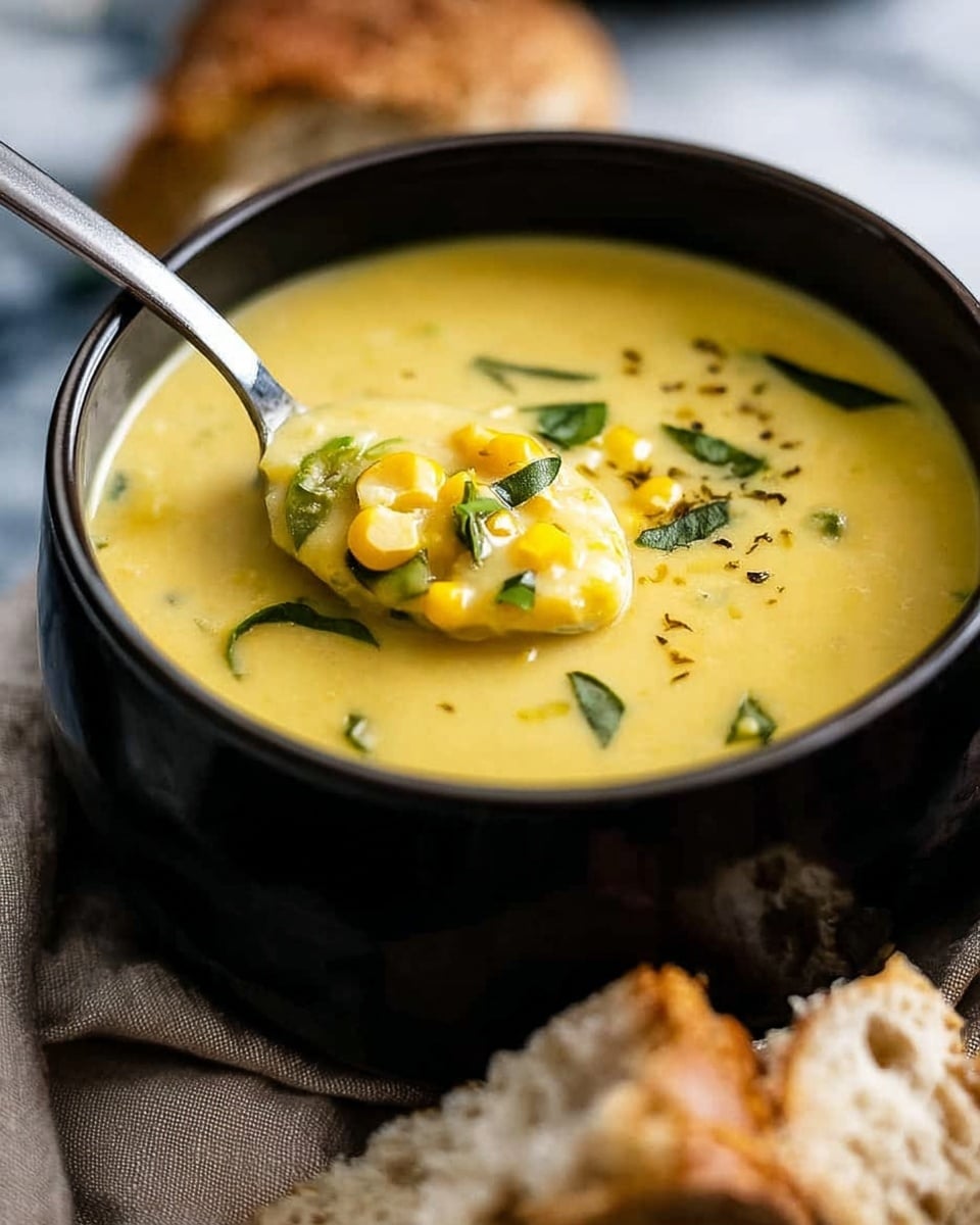 A close-up image of a creamy yellow corn soup in a white bowl, with a smooth texture and visible small corn kernels and chopped green onions floating on top. A spoon is scooping some soup from the bowl, showing the thick consistency. In the foreground, there are two pieces of brown bread with a rough texture. The bowl is placed on a white marbled surface with a light blue cloth underneath. Photo taken with an iphone --ar 4:5 --v 7