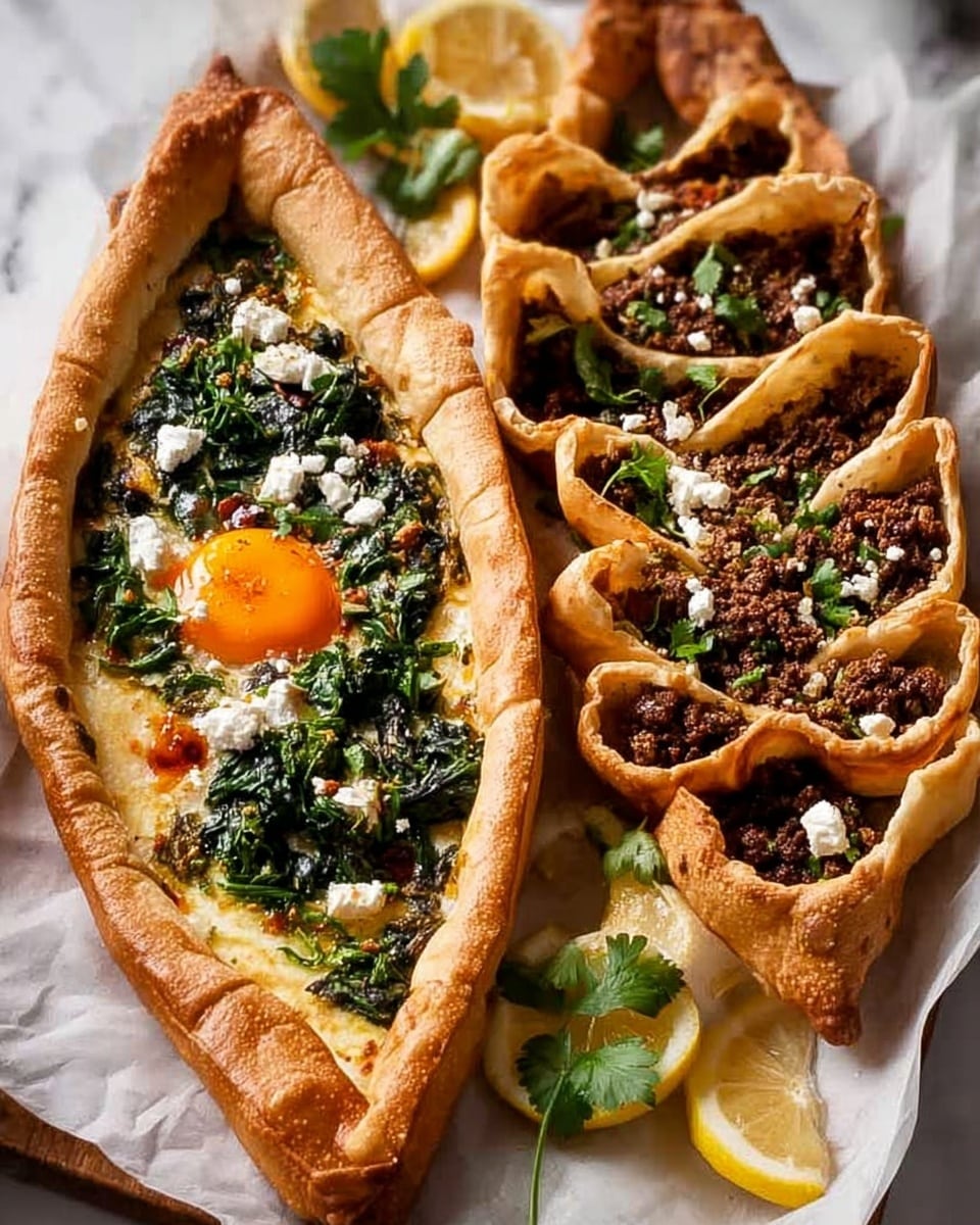 The image shows a large boat-shaped bread with a golden-brown crust. Inside the left side, there is a layer of cooked dark green spinach, topped with crumbled white cheese and a bright, sunny egg yolk in the center. On the right side, there are several smaller rectangular pieces filled with a dark ground meat mixture, also sprinkled with crumbled white cheese and garnished with fresh green leaves. At the bottom, a lemon is cut in a star shape, adding a bright yellow touch, all set on a white marbled surface covered with white parchment-style paper. Photo taken with an iphone --ar 4:5 --v 7