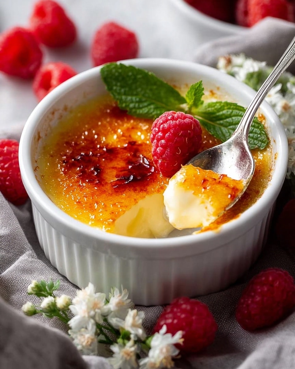 A white ceramic ramekin filled with creamy pale yellow custard topped with a glossy, golden caramelized sugar crust. A spoon is lifting a cracked section of the caramel crust, revealing the smooth custard underneath. The ramekin is garnished with a bright red raspberry and a small green mint leaf. Around the ramekin, there are fresh raspberries, small white flowers, and some green leaves laid on a white marbled texture with a soft fabric draped nearby. The scene is bright and inviting. photo taken with an iphone --ar 4:5 --v 7