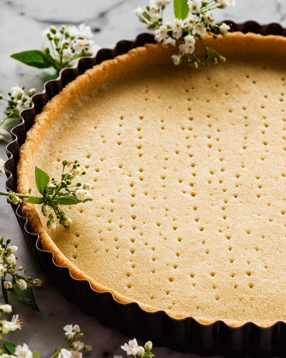 A close-up of a golden, baked pie crust in a dark metal tart pan with scalloped edges. The crust has small, even fork holes arranged in diagonal lines across the flat base. Around the edge, the crust is thicker with a slightly raised and crisp texture, showing a light brown color. A few small white flowers with green stems rest on the crust's surface and near the bottom edge of the pan. The pie sits on a white marbled surface with a soft fabric partially visible under the pan. Photo taken with an iphone --ar 4:5 --v 7