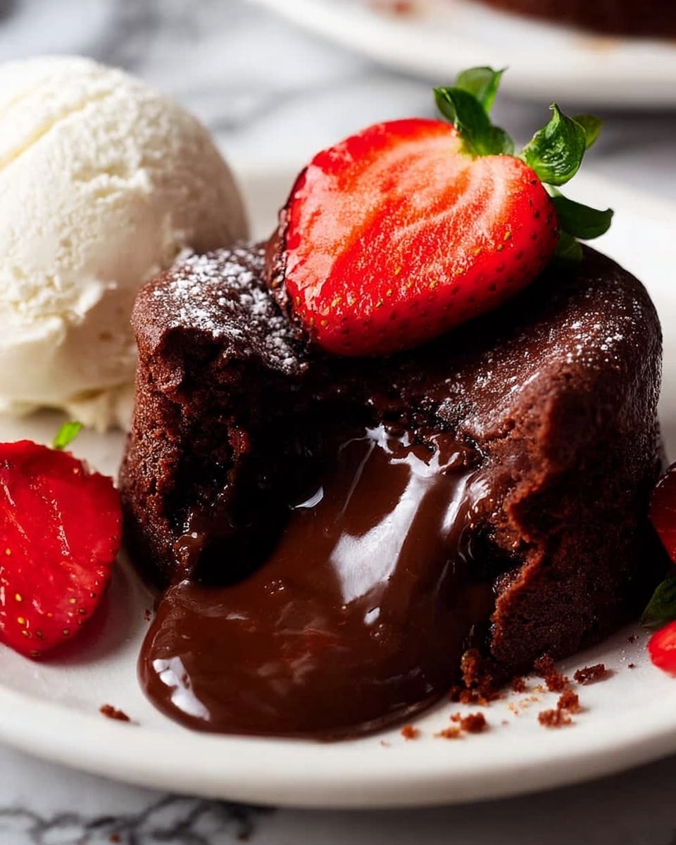 A dark brown molten chocolate cake with a rich, glossy liquid chocolate center flowing out onto a white plate, topped with a bright red strawberry cut in half showing its seeds and green leaves, next to a scoop of smooth white vanilla ice cream slightly blurred in the background, alongside another half strawberry placed on the plate, and some chocolate crumbs scattered around the cake, all set on a white marbled surface. photo taken with an iphone --ar 4:5 --v 7