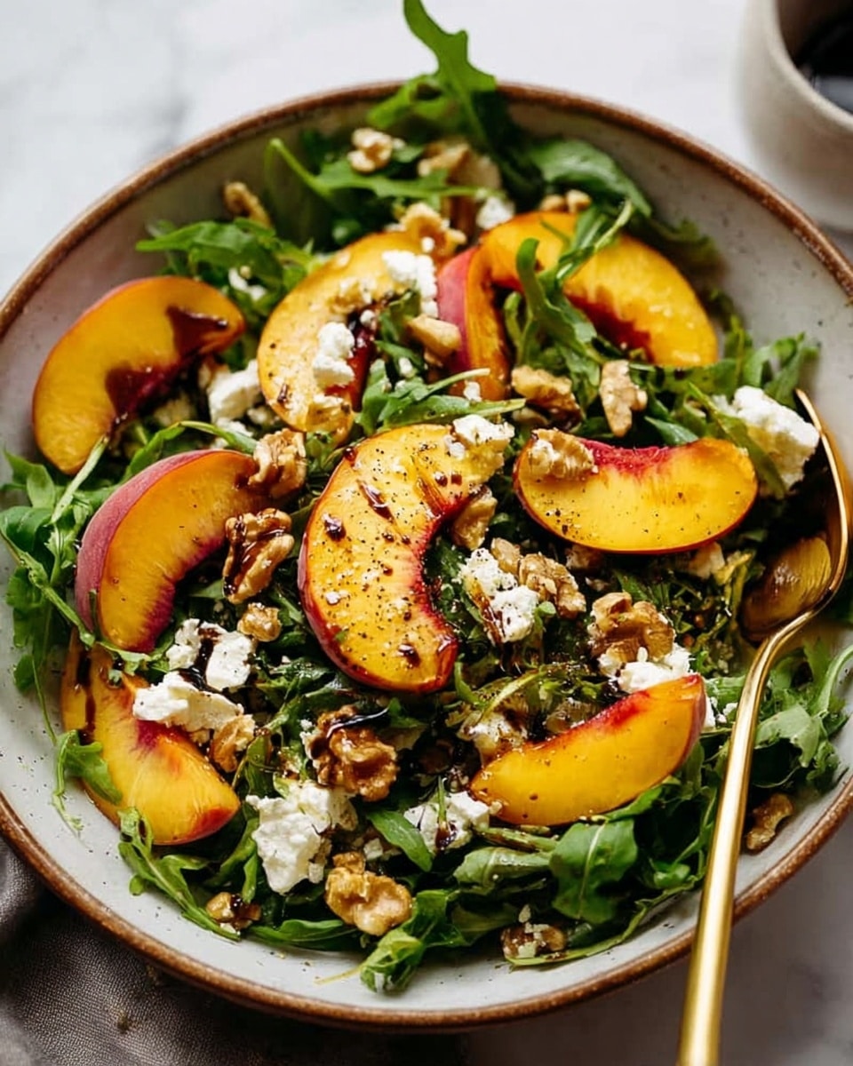 A close-up view of a fresh salad in a round bowl with a light beige rim, placed on a white marbled surface with a gray cloth nearby. The salad has three main layers: a base of bright green arugula leaves spread all over the bowl, medium-thick slices of yellow-orange peaches with red edges arranged on top of the greens, and crumbled white goat cheese scattered unevenly above the peaches. Small walnut pieces are mixed throughout, adding a brown and rough texture. A dark poppy seed dressing drizzled sparingly completes the look, with gold and black salad serving utensils partly inside the bowl. Photo taken with an iphone --ar 4:5 --v 7