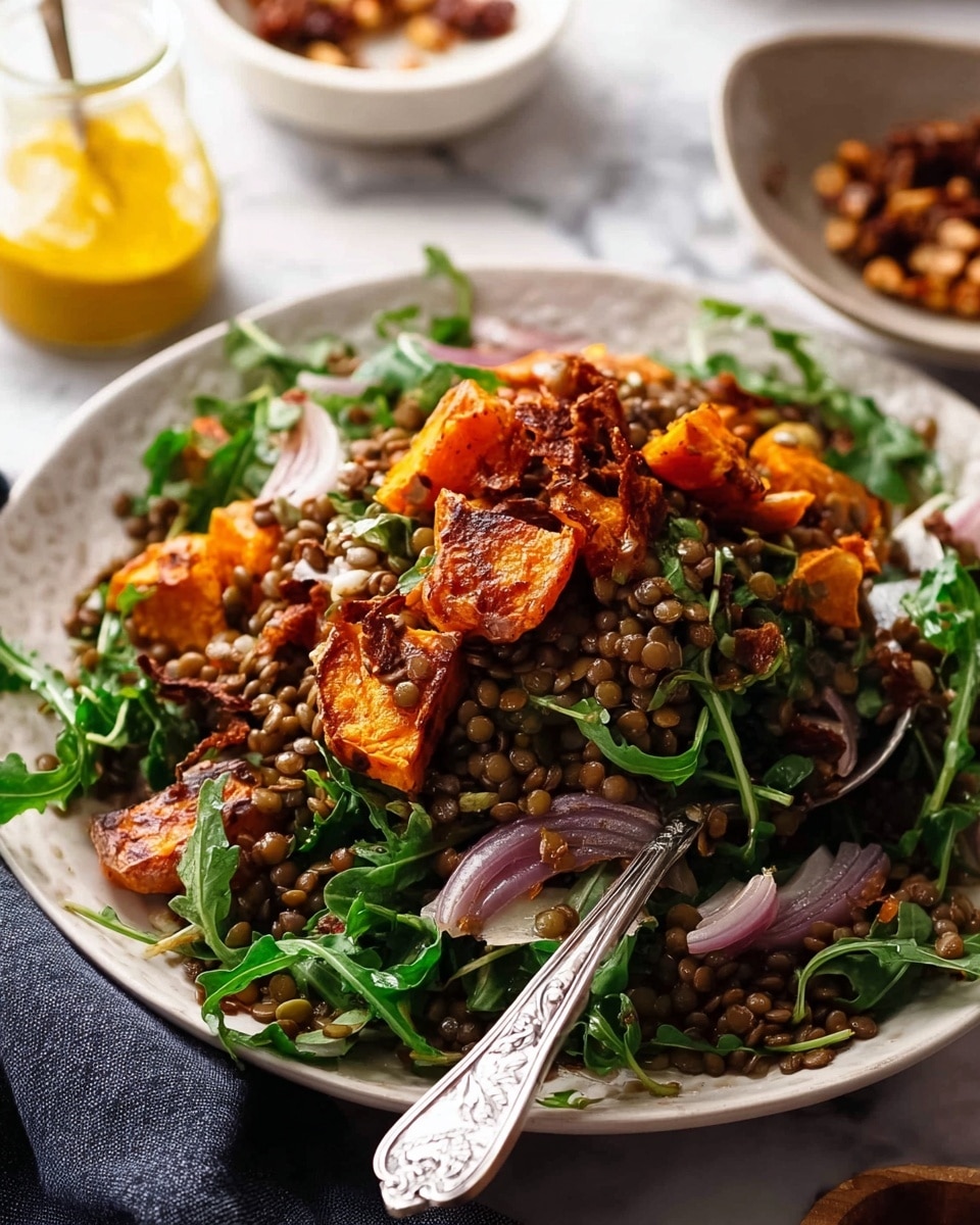 A close-up view of a layered dish on a white plate with a vintage silver spoon resting on it; the base layer is dark green leafy arugula, followed by a generous layer of small, round green lentils, topped with roasted orange-brown sweet potato chunks and dark brown candied pecans, all sprinkled with small pieces of thinly sliced red onion and light green herbs; the background shows a blurred white bowl with extra pecans and a glass jar of golden honey on a white marbled surface, creating a warm and inviting scene. photo taken with an iphone --ar 4:5 --v 7